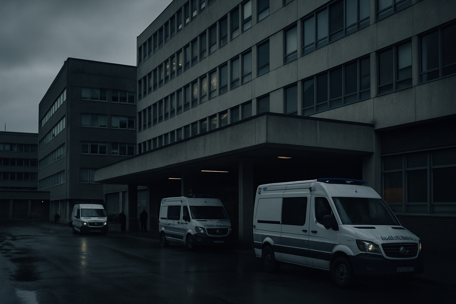 exterior of a large urban hospital complex with ambulances parked outside under overcast skies