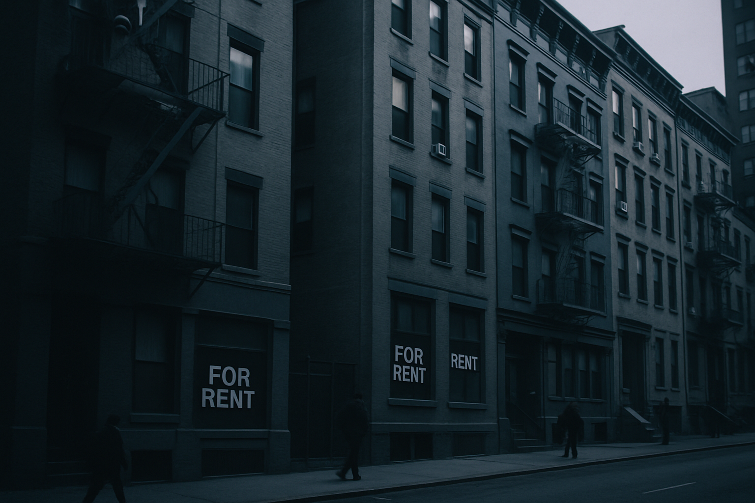 rows of apartment buildings in a dense urban neighborhood with visible for-rent signage in ground-floor windows