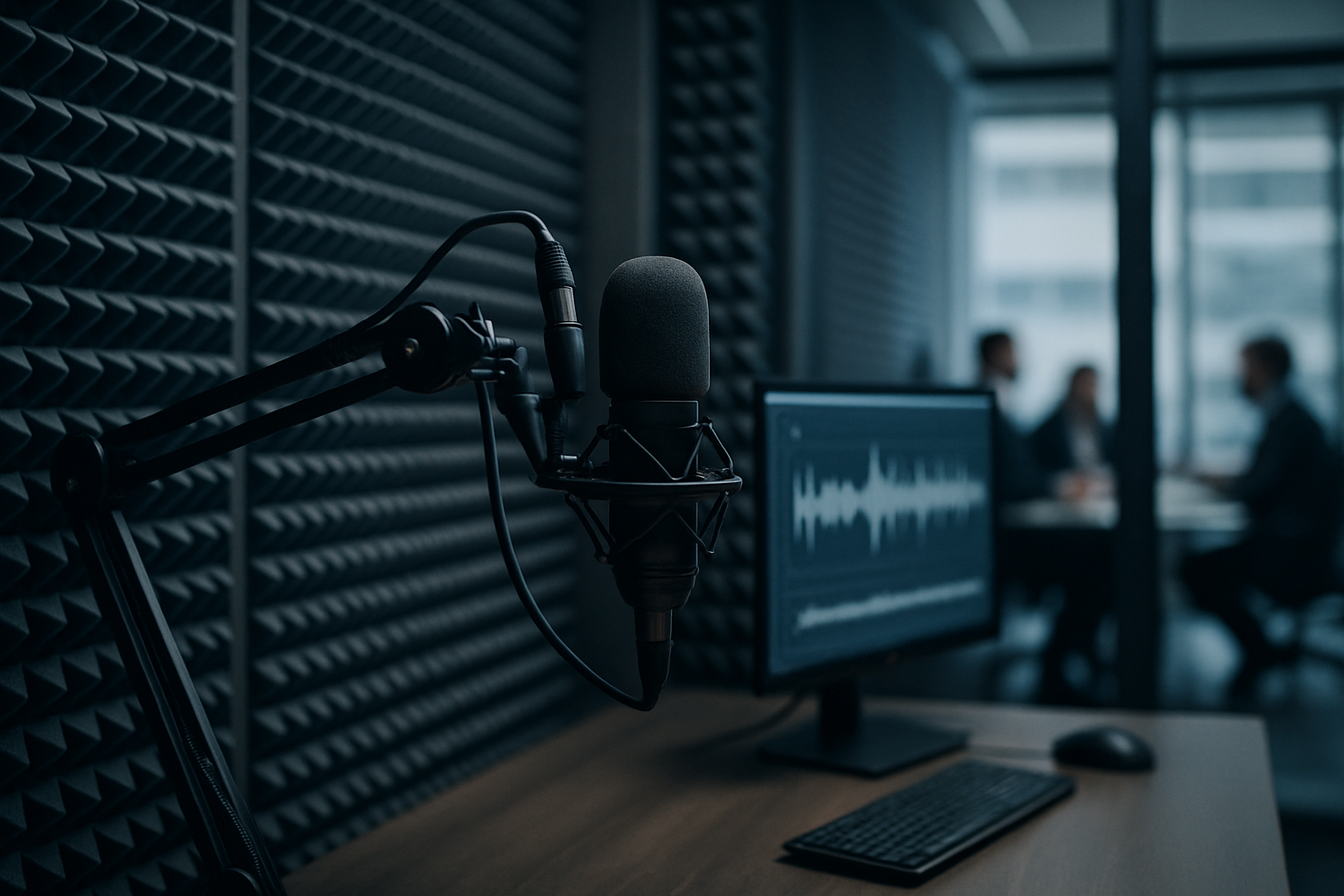 a professional podcast recording studio with a microphone, acoustic foam panels on the walls, and a desktop monitor displaying audio waveforms