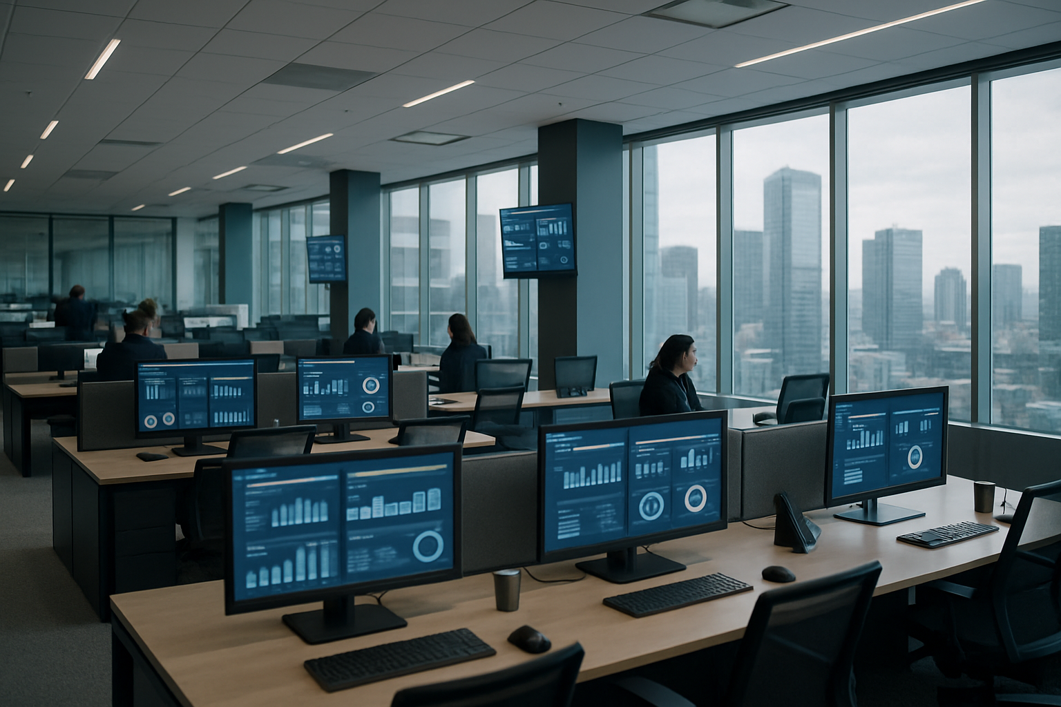 a modern open-plan office interior with rows of workstations, large screens displaying project dashboards, and floor-to-ceiling windows overlooking a city skyline
