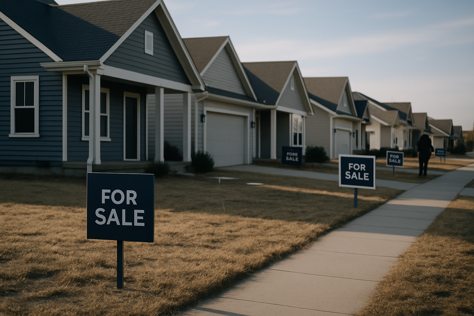 exterior view of a row of modest single-family homes with for-sale signs on dry suburban lawns under afternoon light