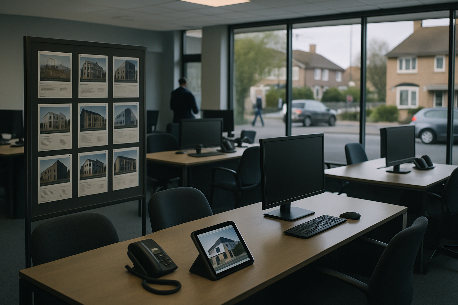 a quiet open-plan real estate agency office interior with empty desks, listing printouts pinned to a board, and large windows showing a residential street outside