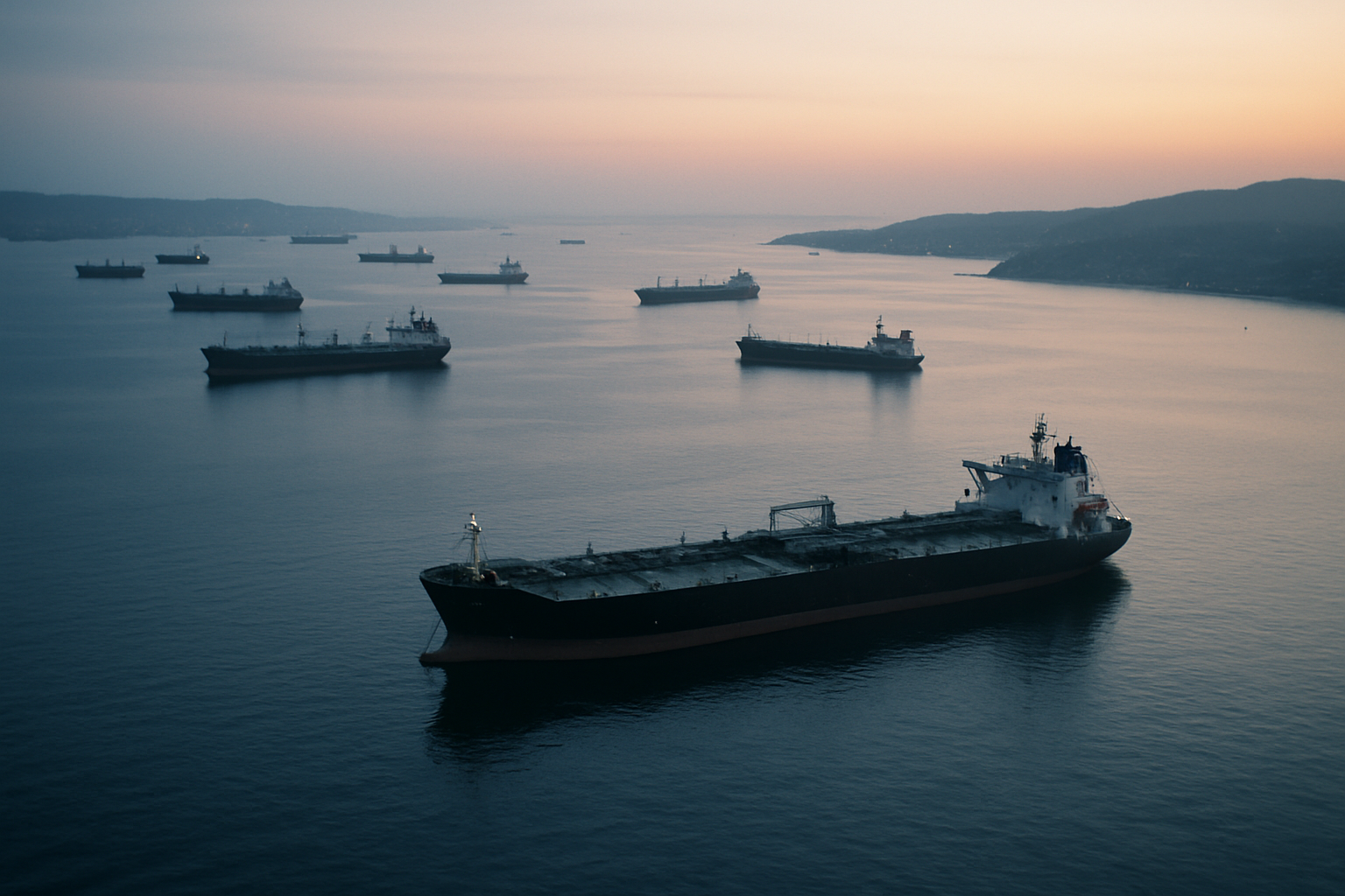 aerial view of large oil tankers anchored in calm gulf waters near a narrow strait, shot from high altitude at dawn