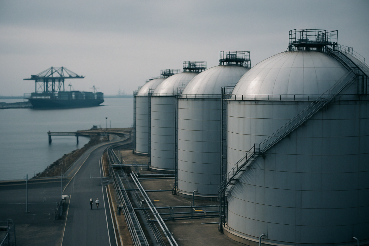 rows of large cylindrical LNG storage tanks at a coastal terminal under a hazy midday sky