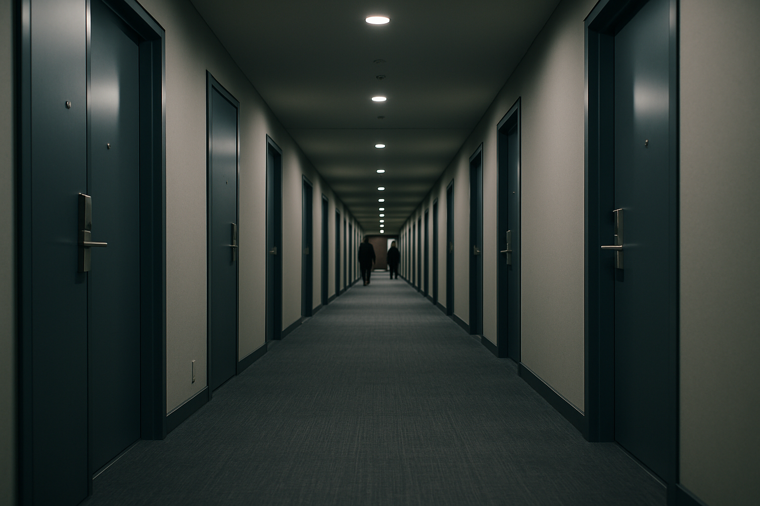 rows of identical hotel room doors in a long corridor of a large international hotel, viewed from a low angle with overhead lighting casting even shadows