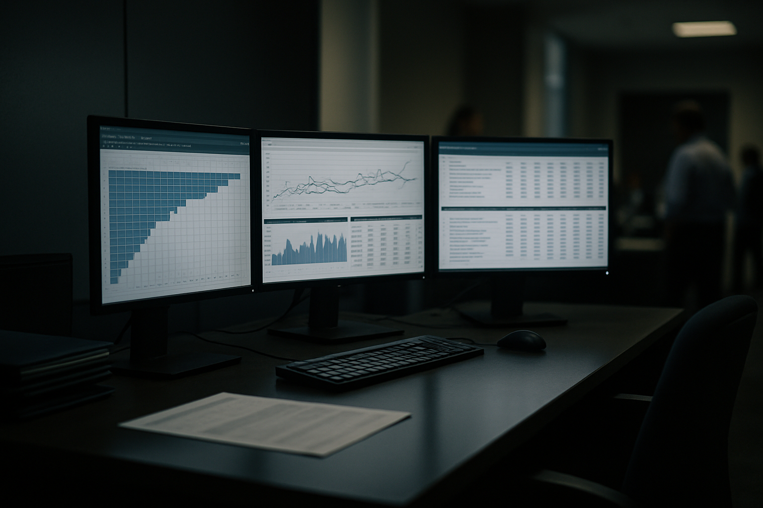 a hotel revenue management workstation with multiple monitors displaying occupancy grids, booking curves, and rate comparison tables in a dimly lit back-office environment