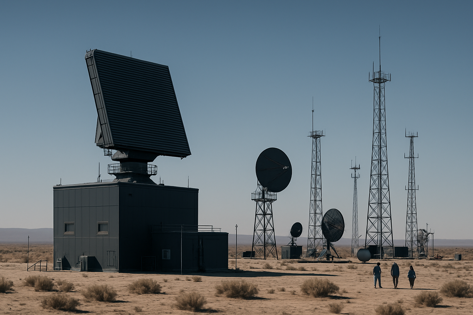a radar installation and sensor array on an open desert test range, with antenna masts and tracking equipment visible under a clear sky