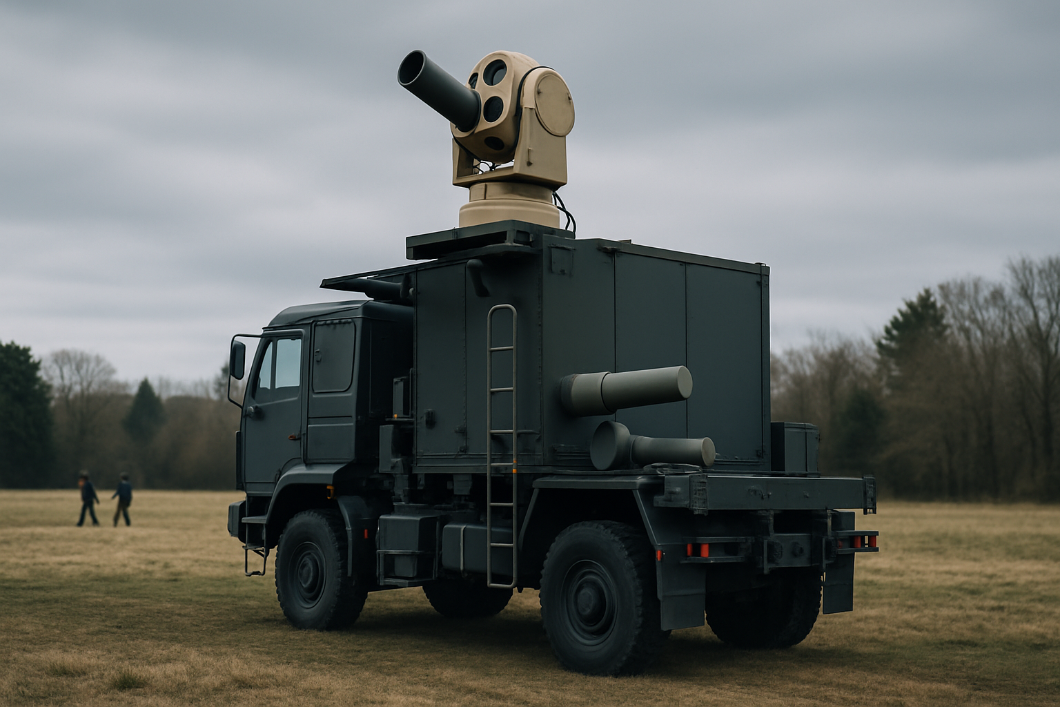 a mobile military vehicle-mounted defense platform in an open field, with a turret-style sensor and laser housing unit pointing skyward