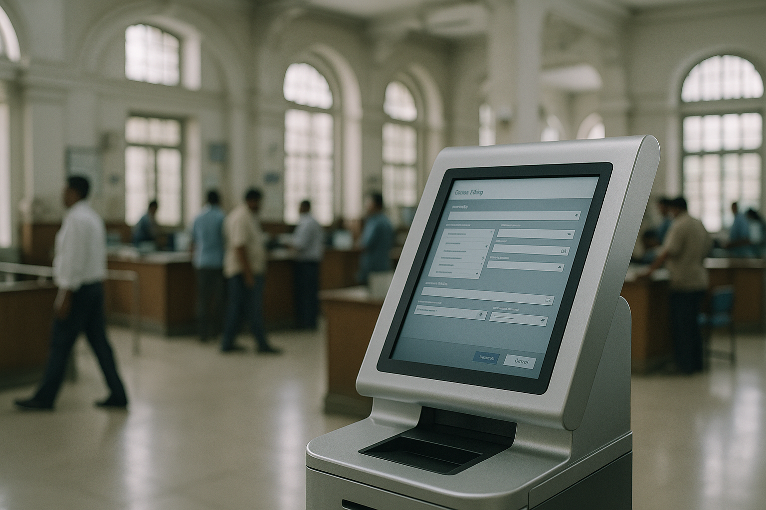 a government digital services kiosk inside a busy district administrative office, screens displaying case filing interfaces, with Indian bureaucratic architecture visible in the background