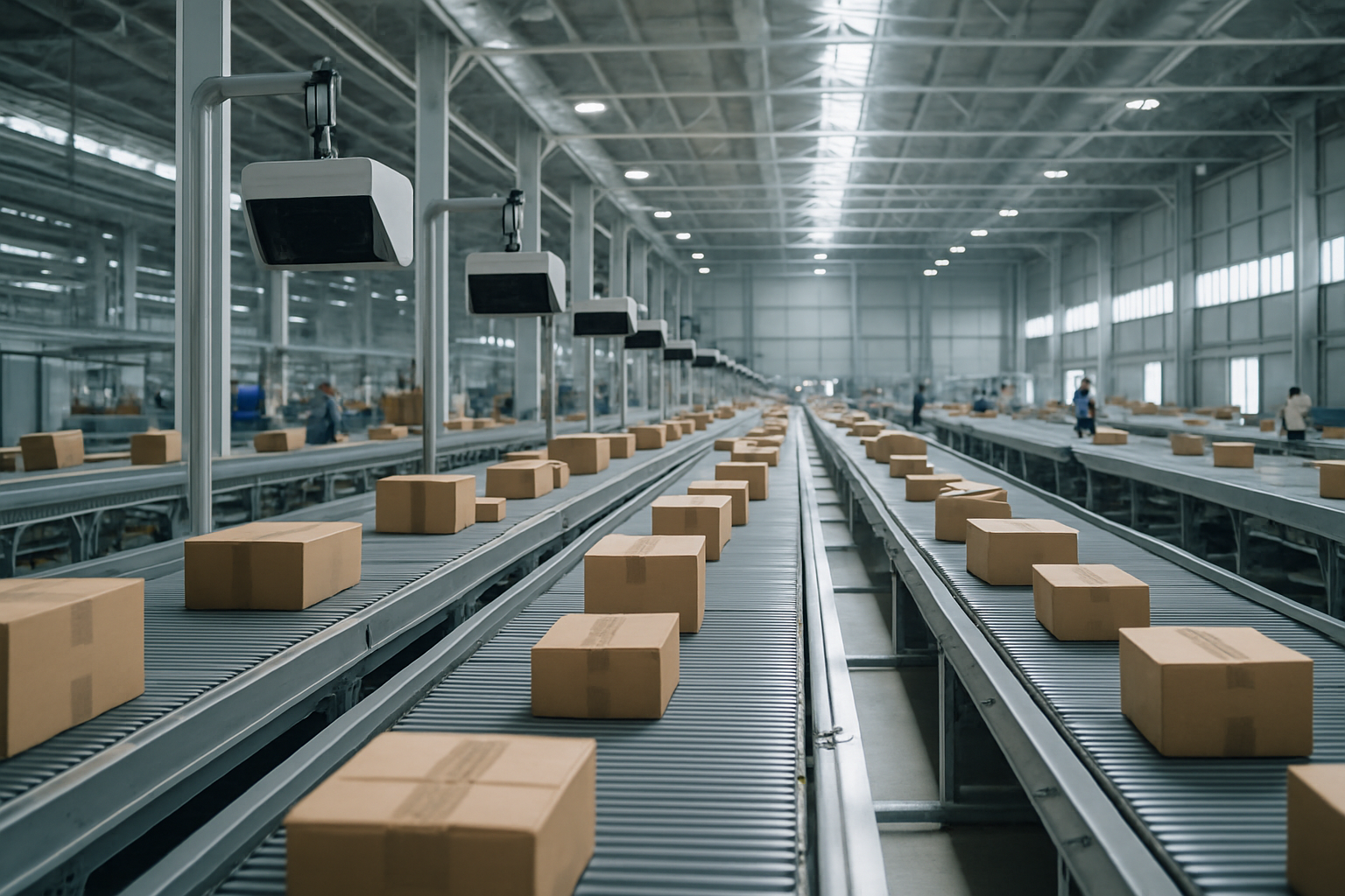 rows of warehouse sorting conveyors loaded with boxed parcels inside a large Indian e-commerce fulfilment centre, with automated scanning equipment visible overhead