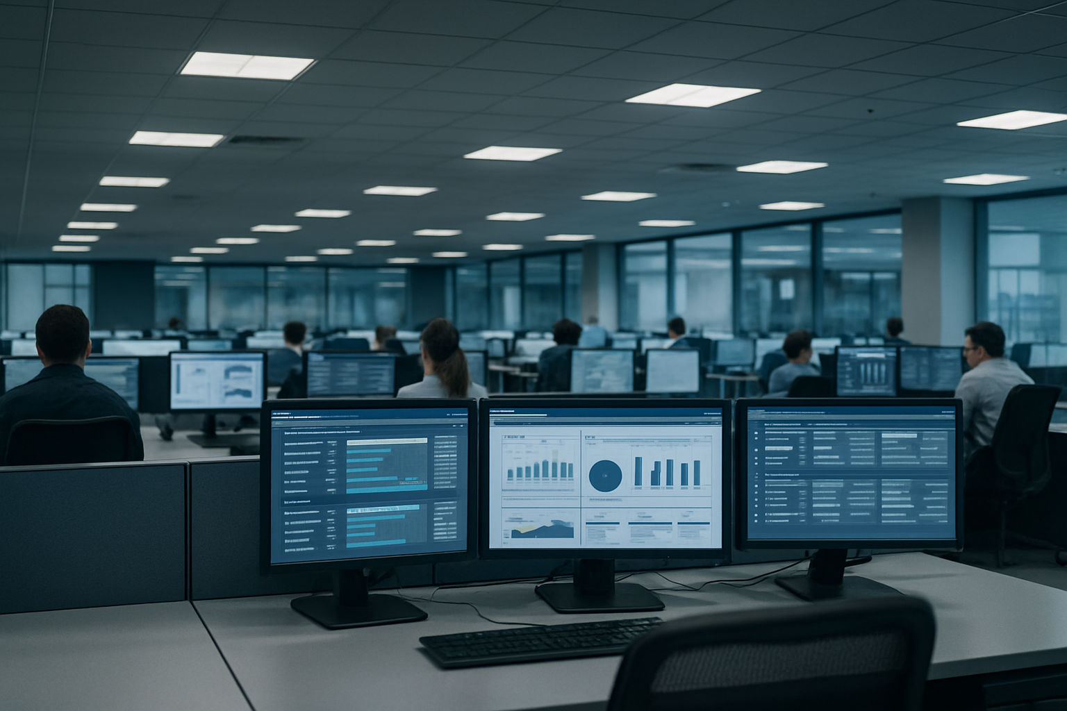 rows of workstations inside a modern open-plan banking operations centre, monitors displaying workflow dashboards under overhead fluorescent lighting