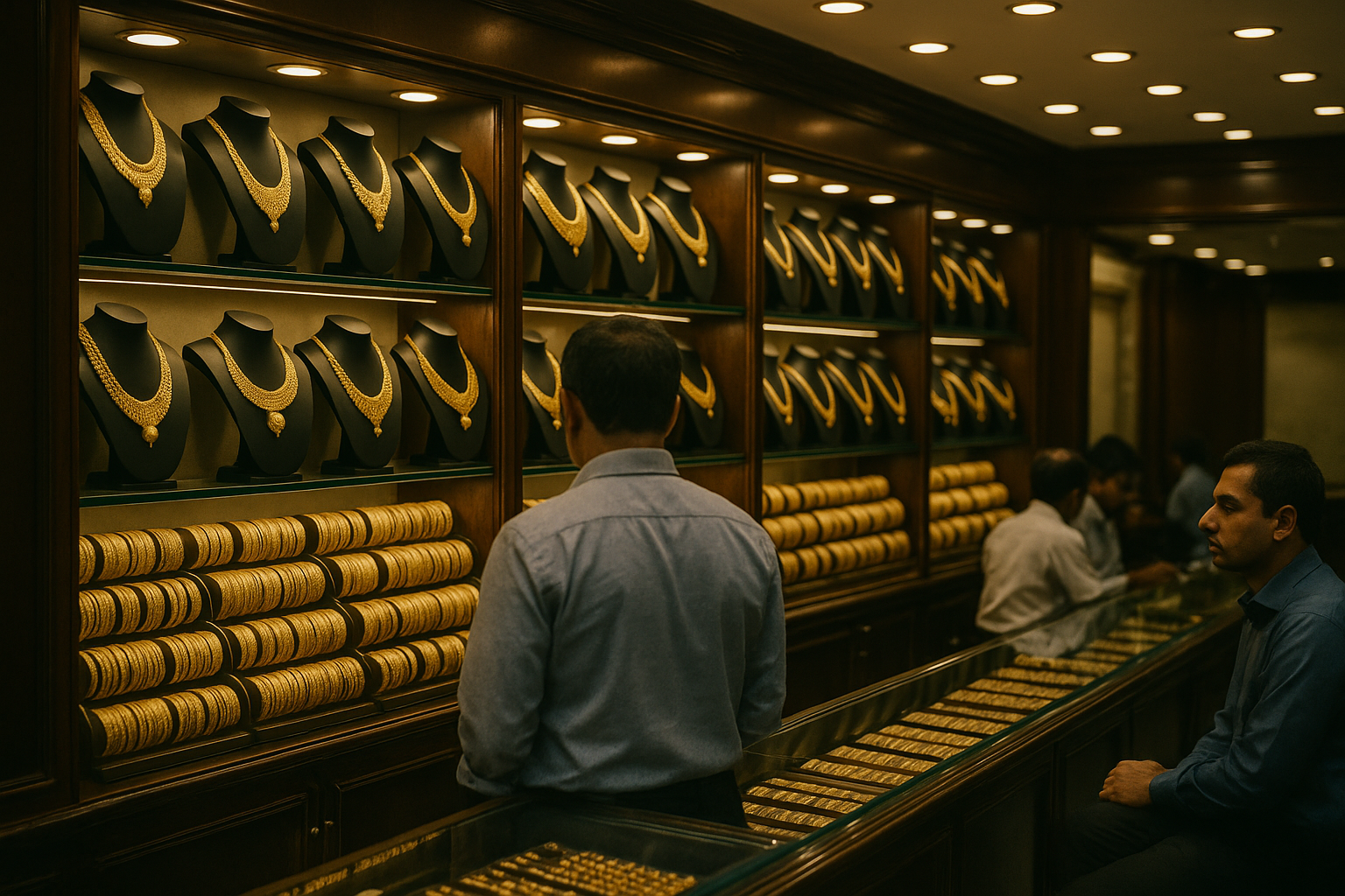 interior of a traditional Indian jewellery shop with glass display cases filled with gold bangles and necklaces, warm overhead lighting reflecting off the metal surfaces