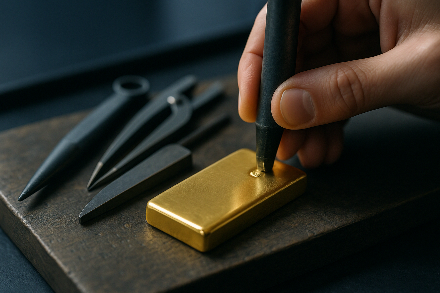 close-up of a government-certified gold hallmarking stamp being applied to a small gold ingot on a jeweller's workbench, with assay tools arranged beside it