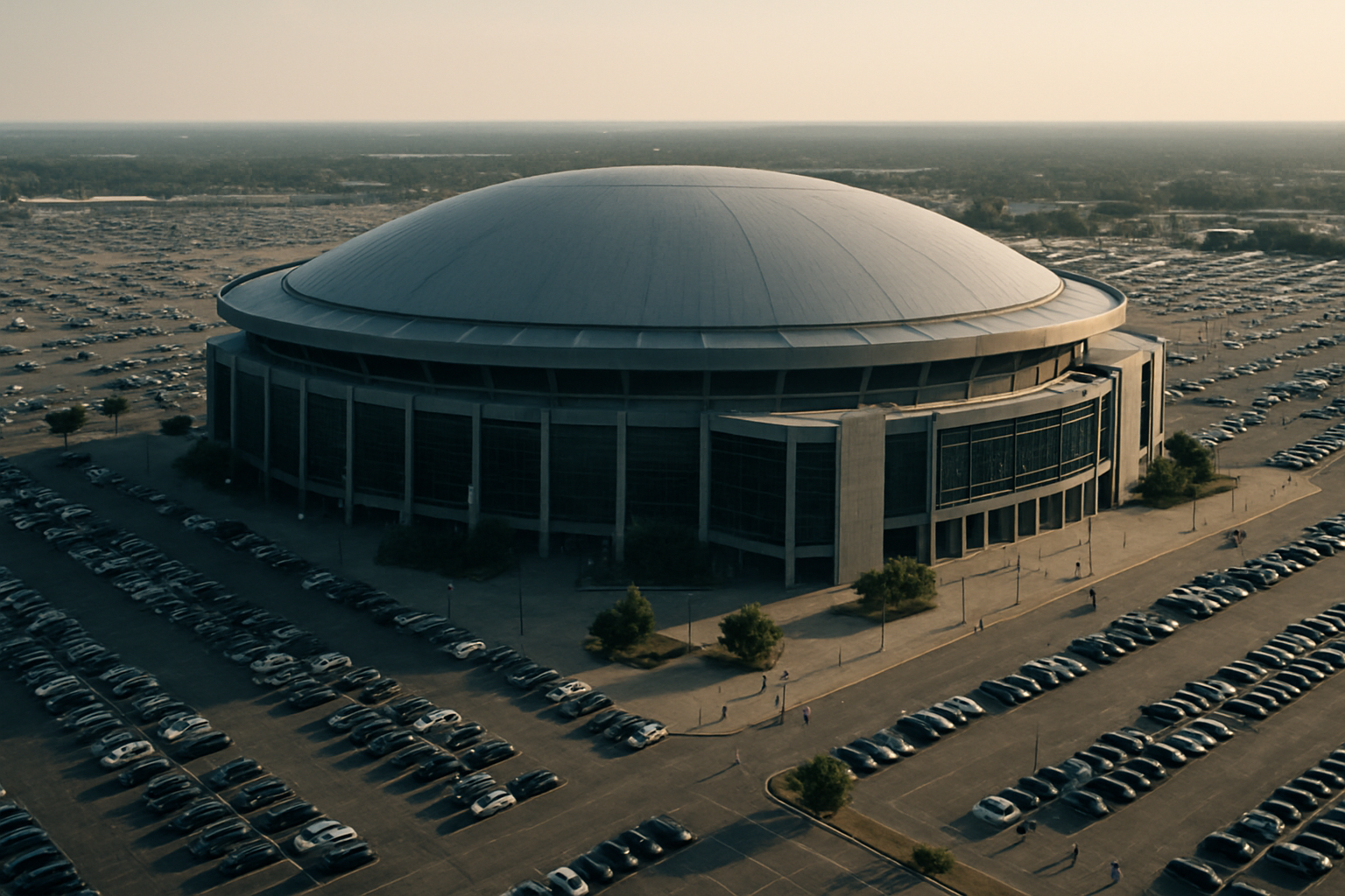 aerial view of a large domed NFL stadium exterior surrounded by a vast parking lot on a sun-bleached summer afternoon