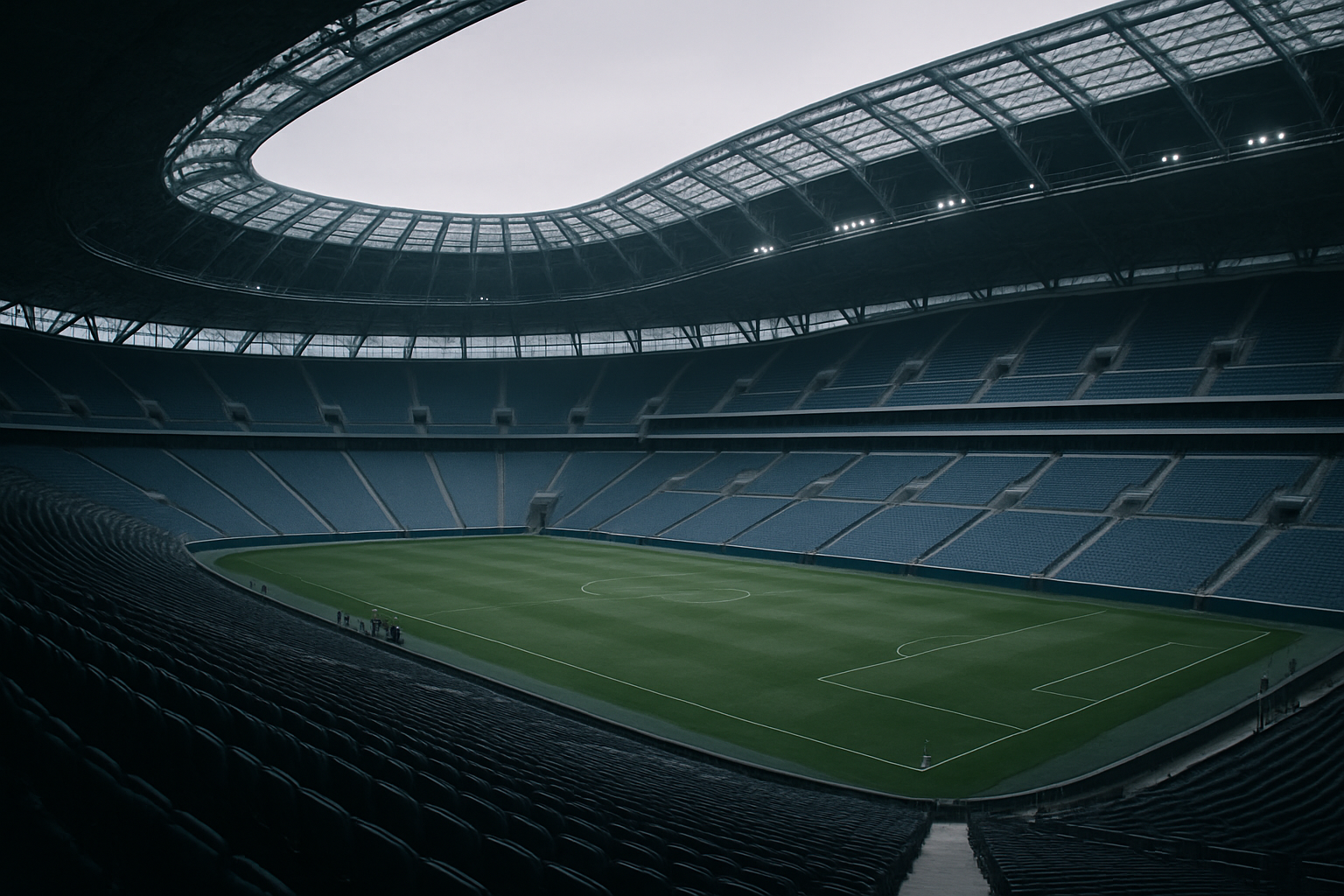 interior of a modern enclosed stadium with a curved translucent roof flooding the field with diffused natural light, seats empty before an event