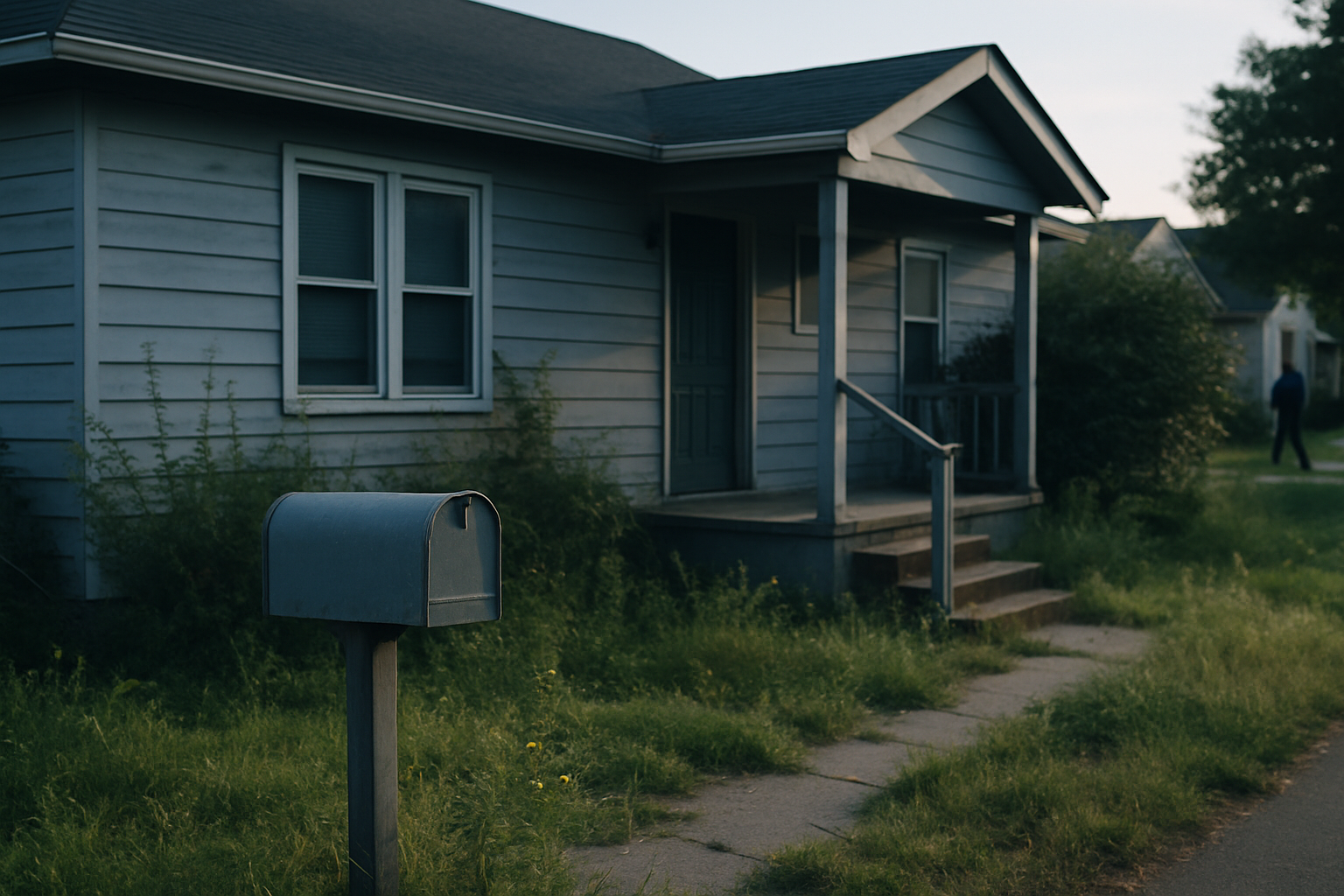 exterior of a modest single-family home with an overgrown front garden, weathered porch steps, and a dusty mailbox in soft afternoon light