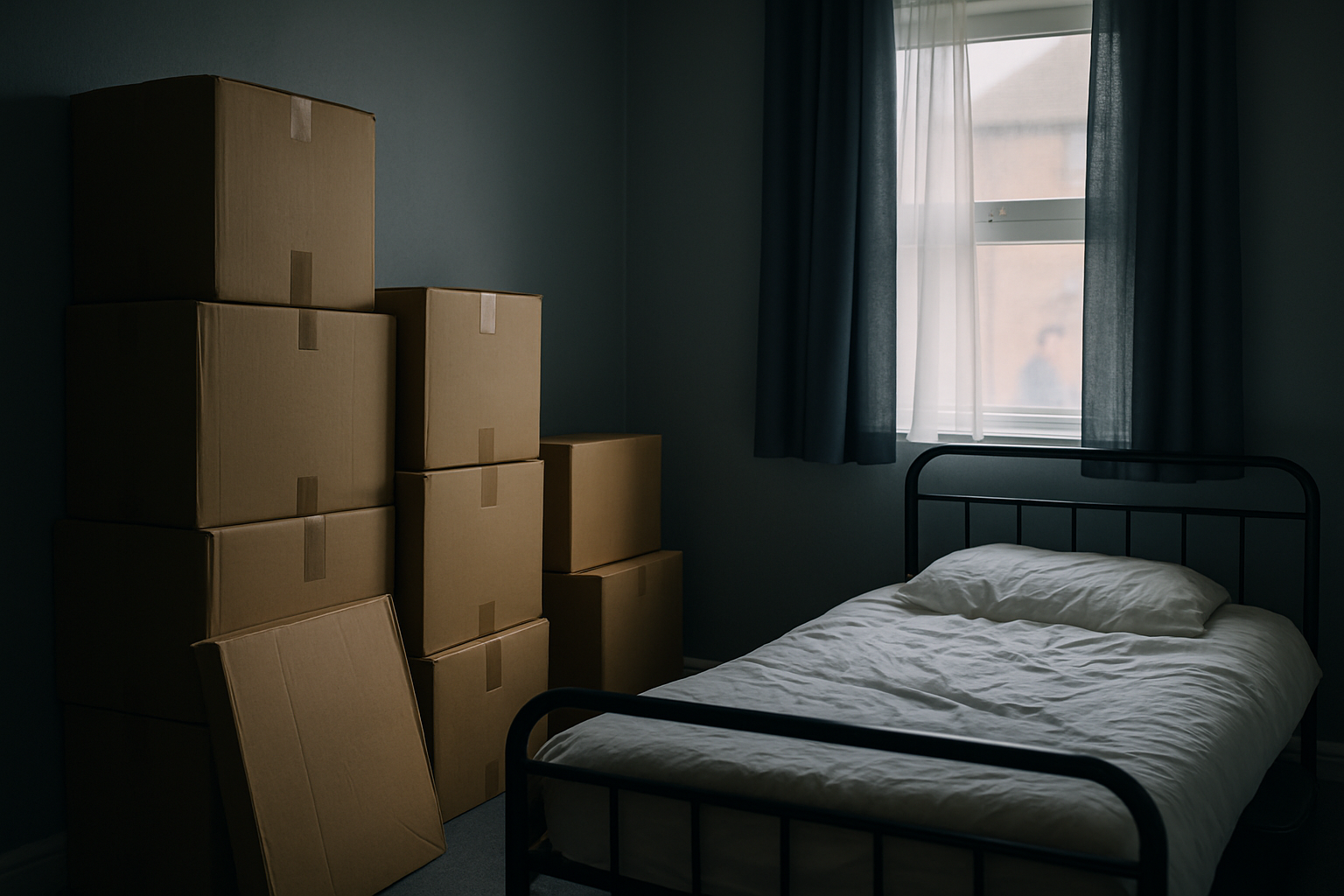 a cluttered spare room in a residential property with cardboard boxes stacked against the wall, an unmade cot, and faint light coming through a partially drawn curtain