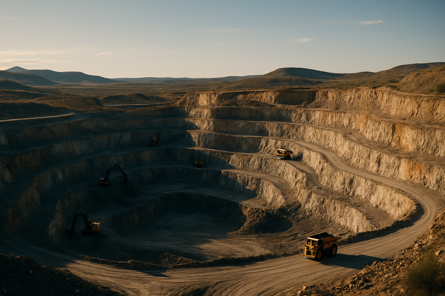 Open-pit mine in a high desert landscape with excavation equipment visible on terraced rock ledges, golden afternoon light casting long shadows across the pit floor