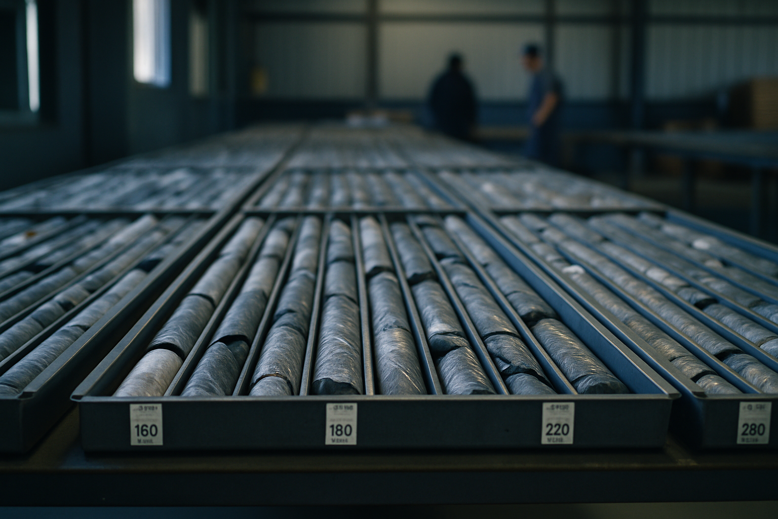 Rows of silver ore core samples laid out on a geology table inside a mining exploration facility, labeled with depth markers and project site codes