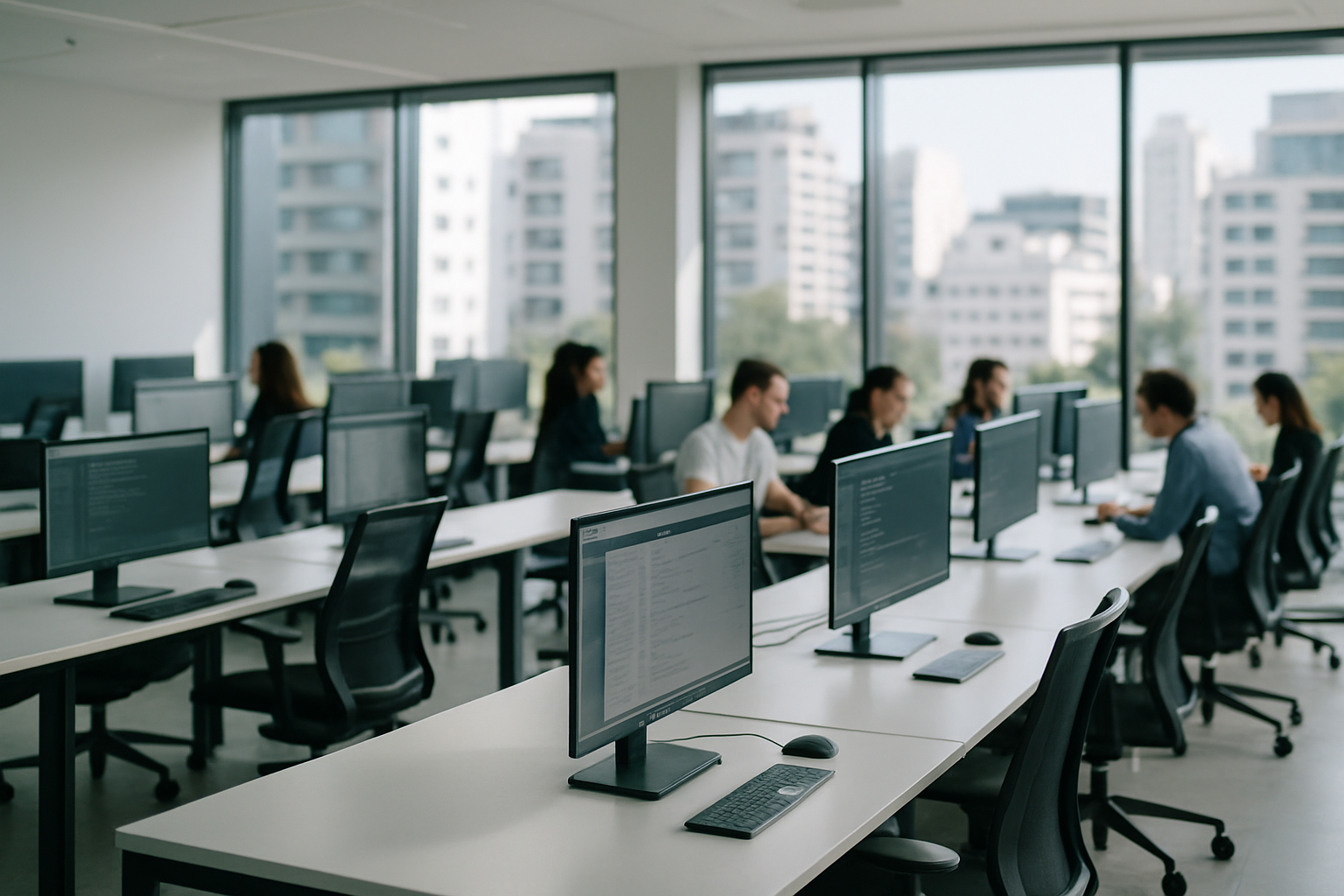 rows of workstations inside a modern Tel Aviv startup incubator space, screens displaying software interfaces, natural light from large windows