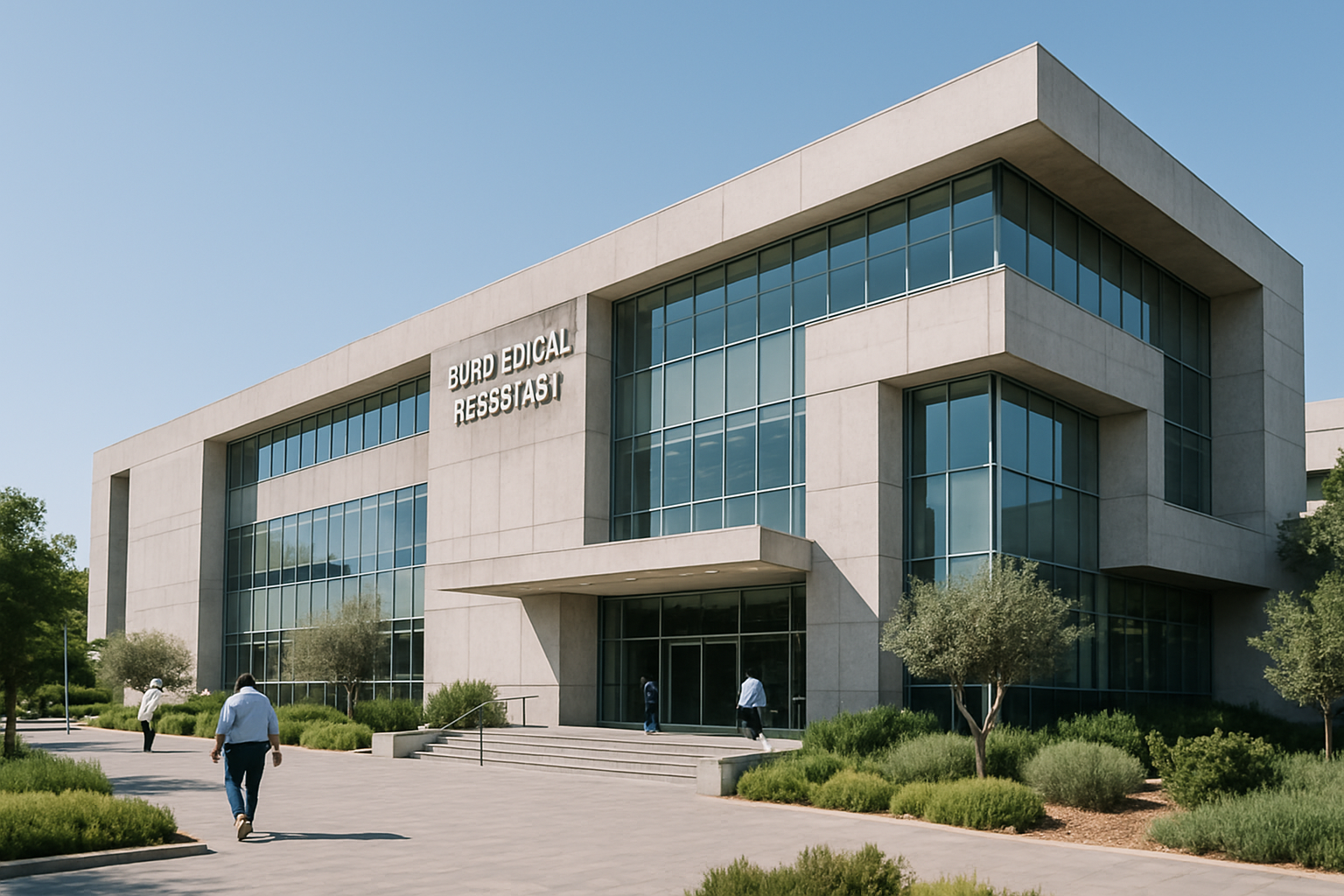 exterior of a biomedical research facility in Israel at midday, architectural concrete and glass facade with landscaped entrance