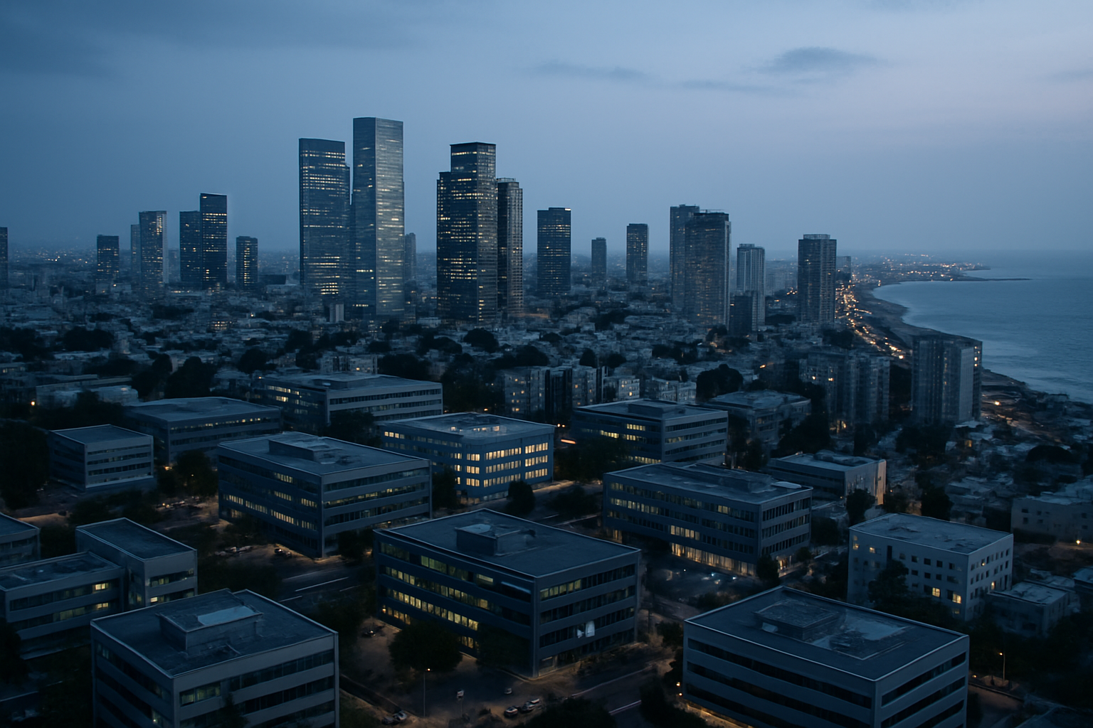 Aerial view of the Tel Aviv skyline at dusk, with dense clusters of modern office towers and low-rise tech campus buildings visible along the coastline