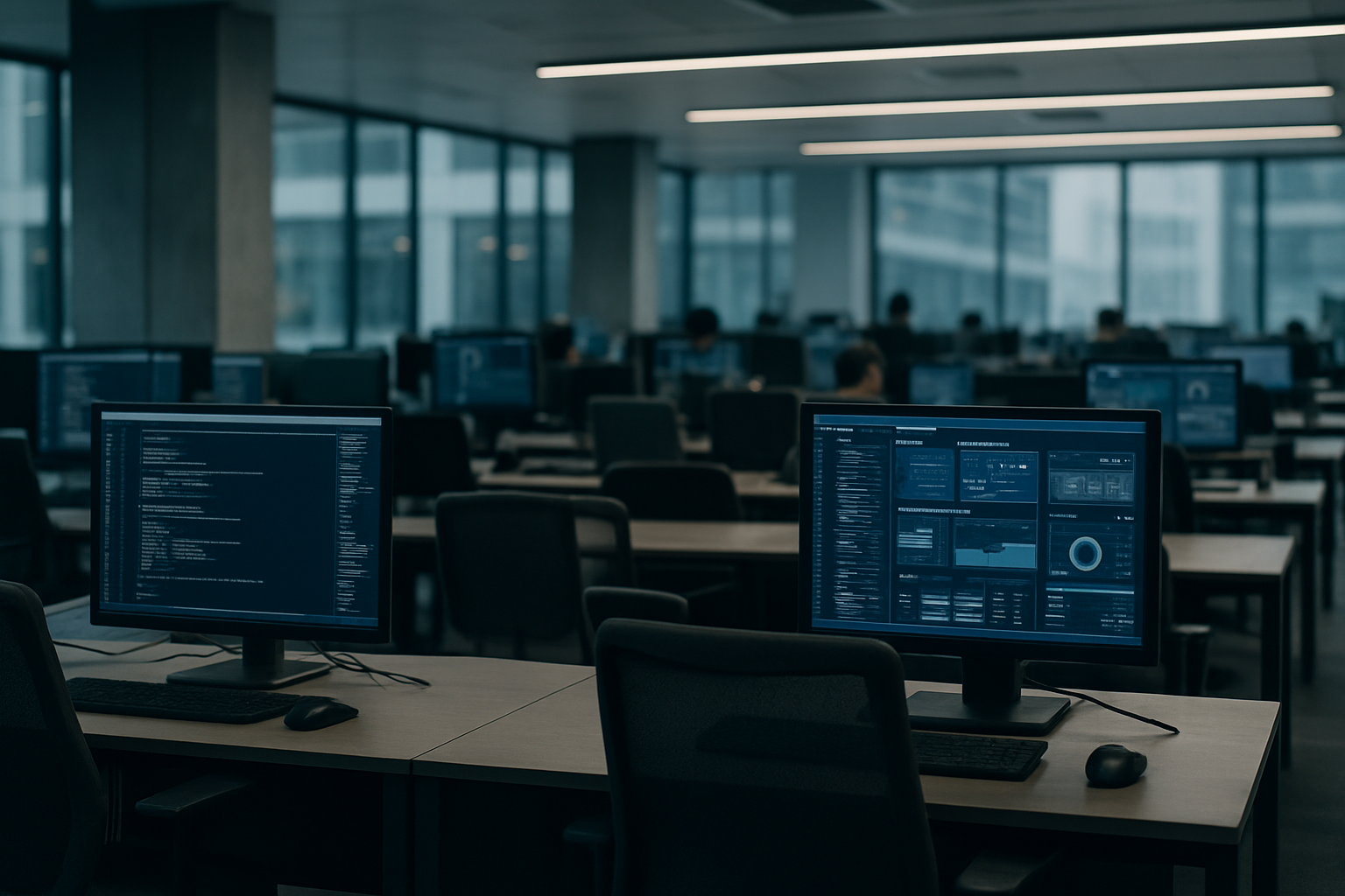 Interior of a modern startup office in a technology campus, showing rows of workstations with large monitors displaying code and data dashboards, no people in focus