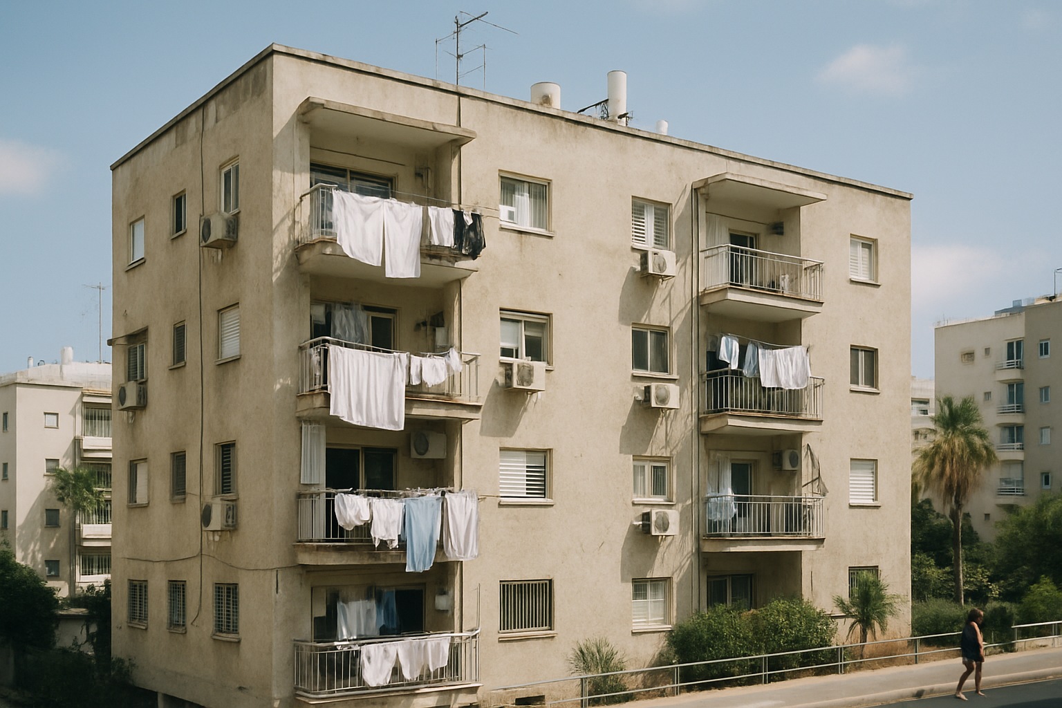 exterior of a mid-rise residential apartment block in an Israeli urban neighborhood at midday, with laundry lines and small balconies visible against a pale blue sky