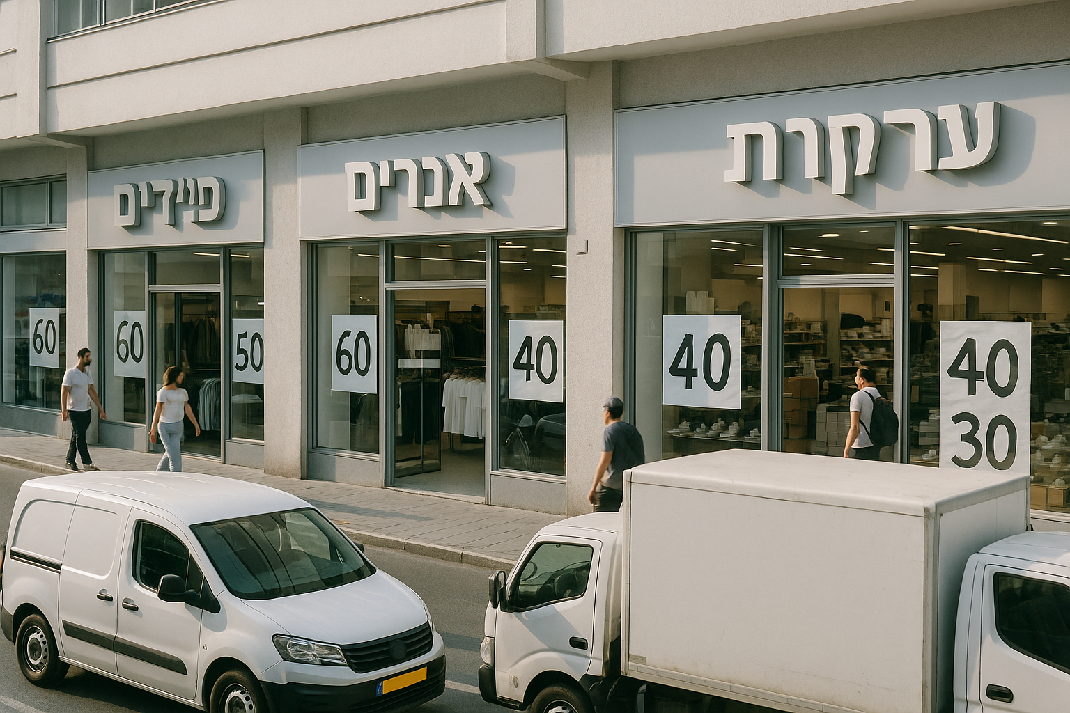 rows of commercial storefronts on a busy Israeli street with hand-written price signs in windows and delivery vehicles parked at the curb