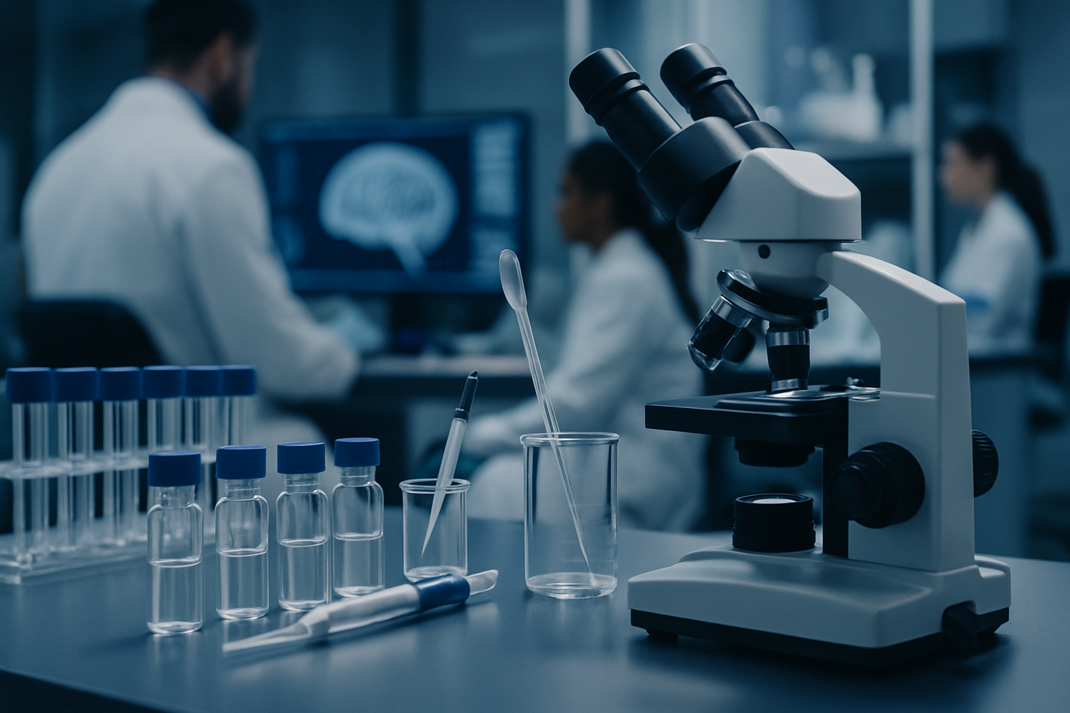 close-up of a laboratory bench with glass vials, pipettes, and a microscope in a neuroscience research lab