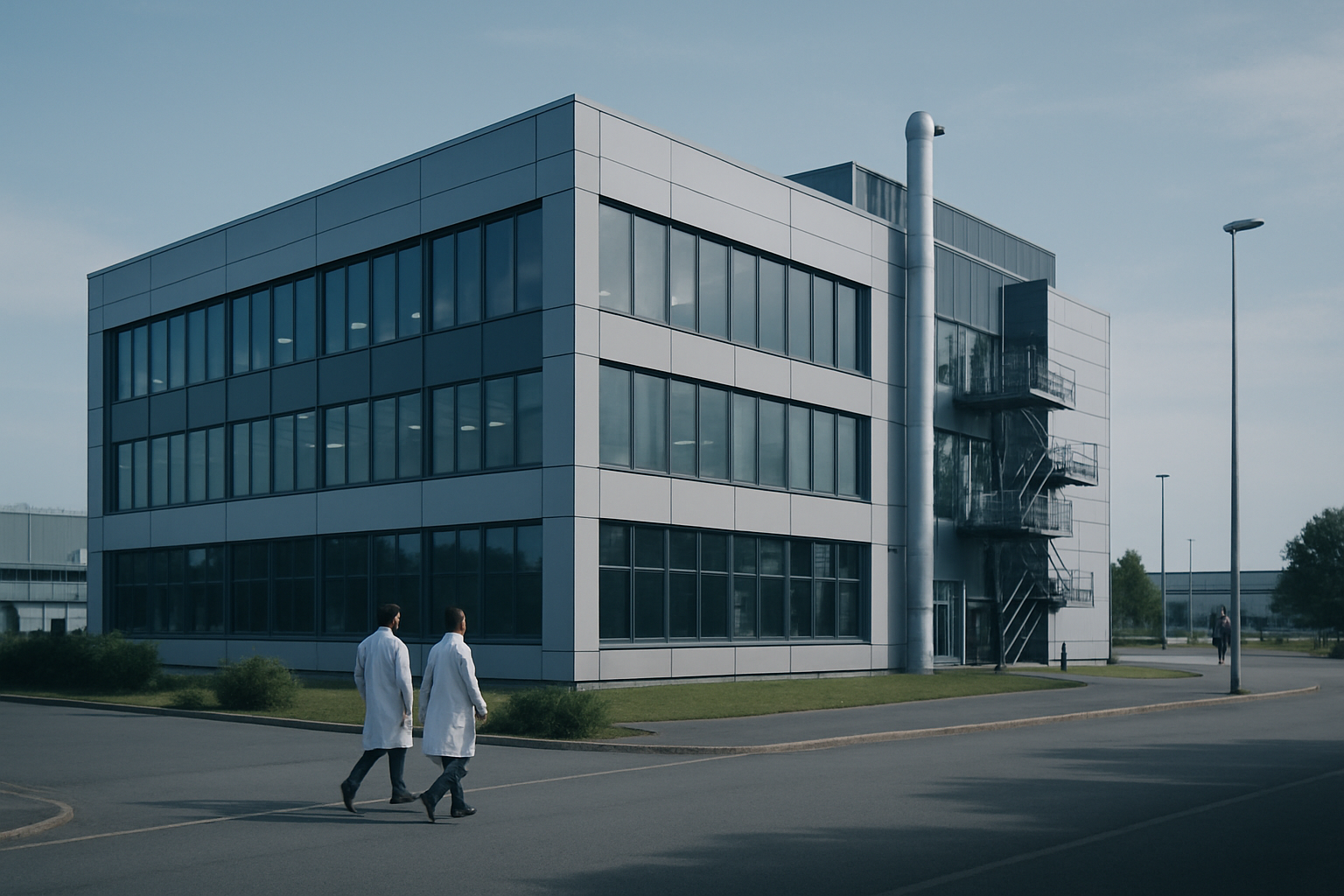 exterior view of a modern biotech research facility building in an industrial science park at midday