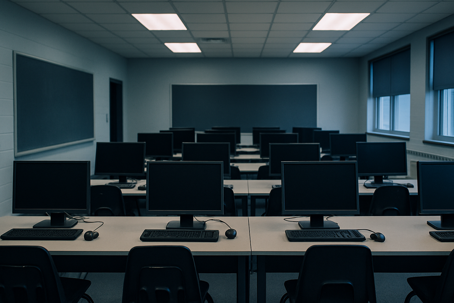 rows of modern computer terminals in an empty school computer lab, overhead fluorescent lighting casting a blue-white glow across the room