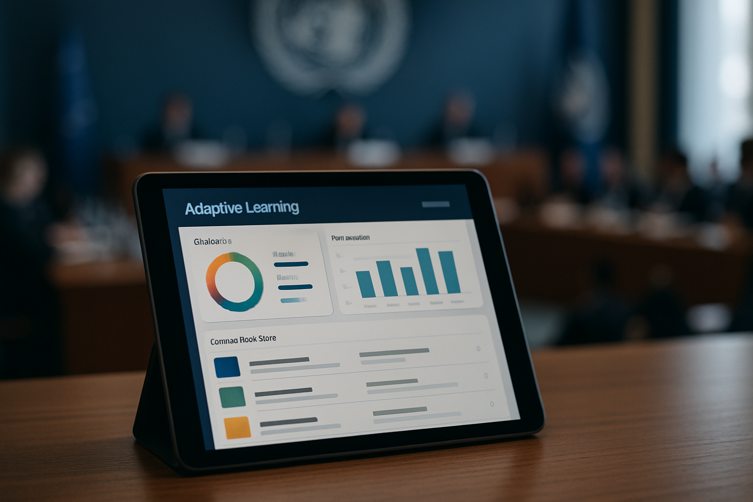 close-up of a tablet screen displaying an adaptive learning dashboard with colorful progress graphs and lesson modules, resting on a wooden desk