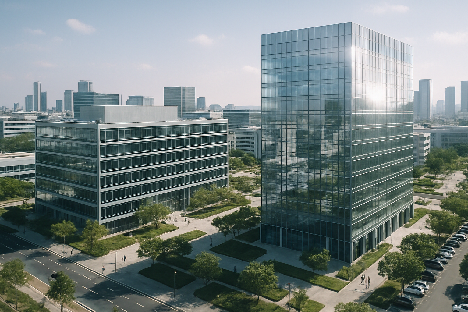 aerial view of a modern office and technology campus in Tel Aviv at midday, glass facades reflecting sunlight