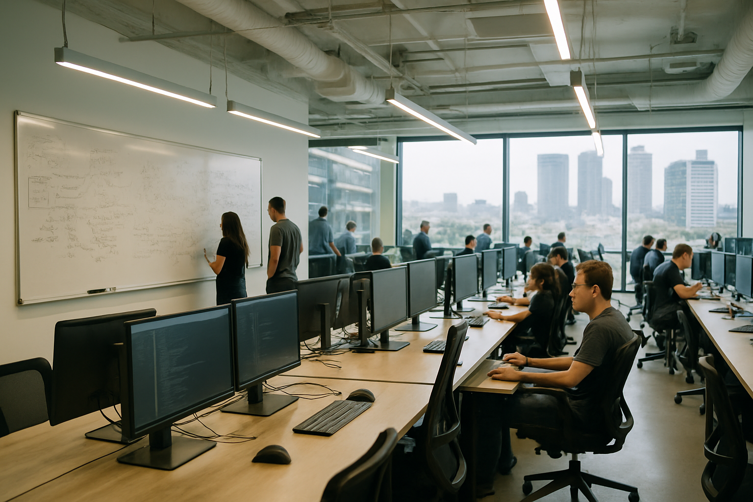 interior of a technology startup office in central Tel Aviv, rows of workstations with dual monitors and whiteboards covered in diagrams