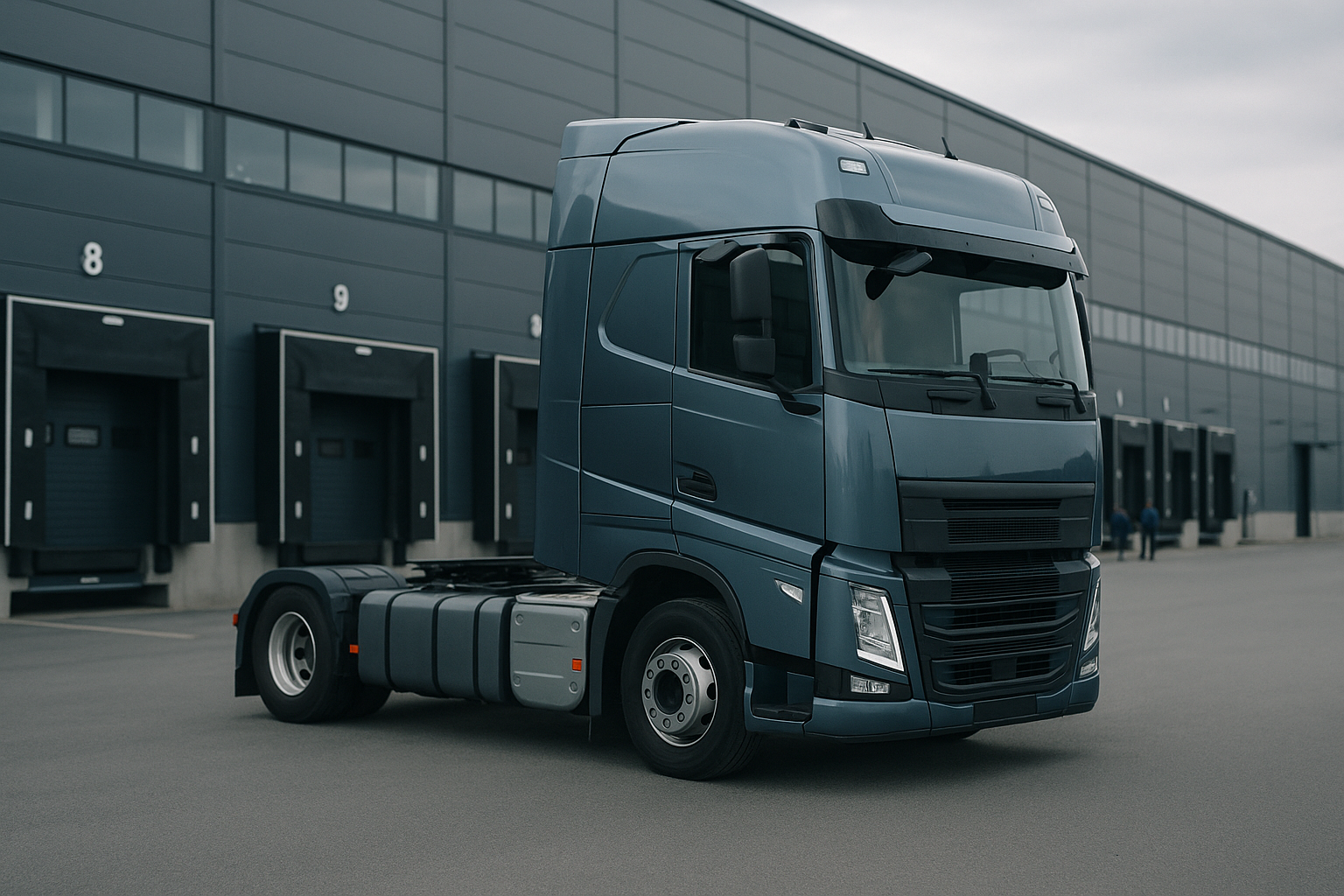 exterior view of a modern heavy-duty truck parked at a large European logistics depot, with loading bays visible in the background