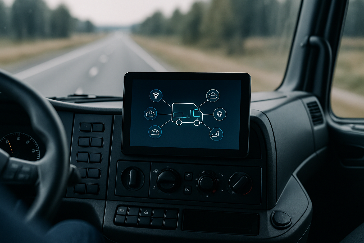 close-up of a truck cab interior dashboard displaying a digital connectivity and telematics interface screen, with road visible through the windscreen