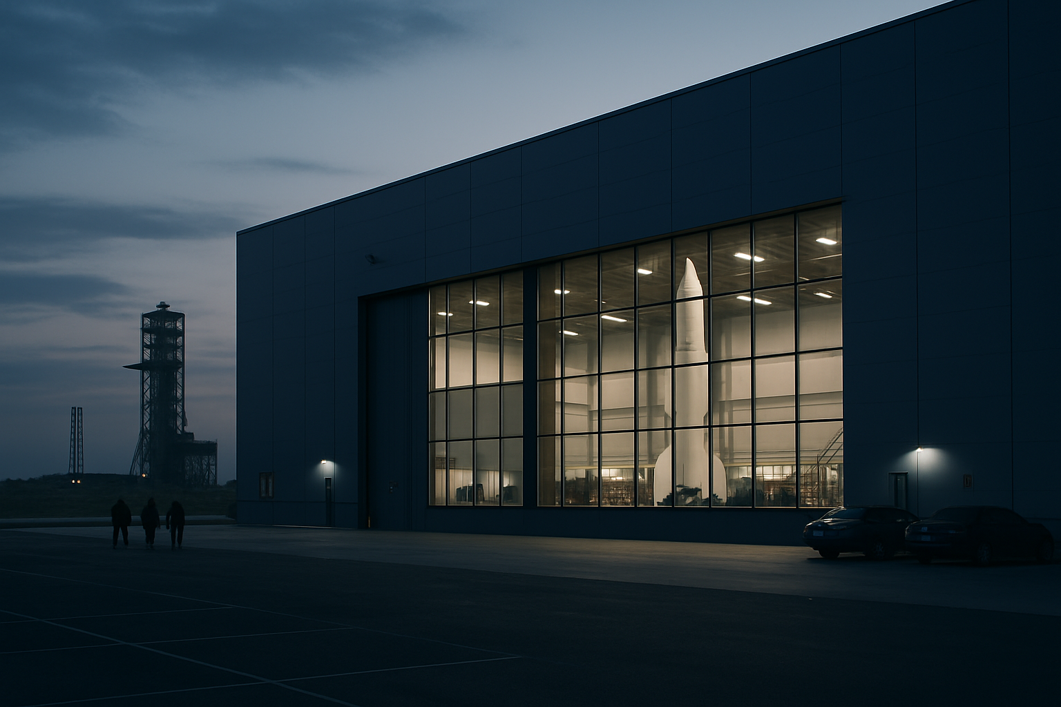 exterior of a large commercial rocket manufacturing facility at dusk, with launch infrastructure visible in the background