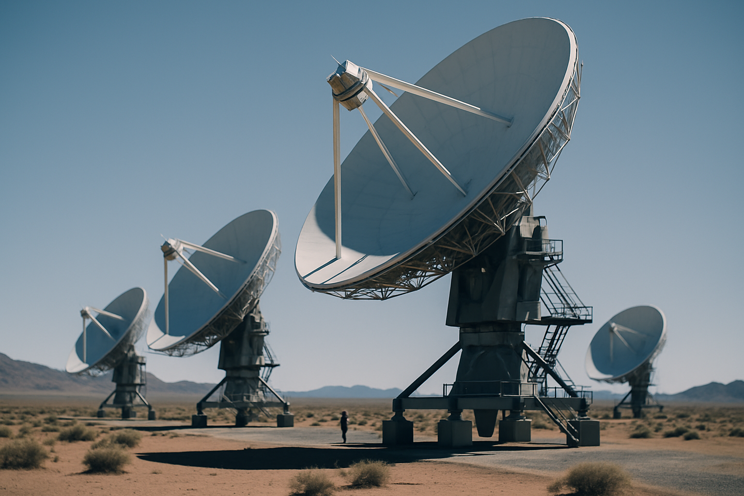 rows of satellite communication dishes in an open desert test facility, pointing skyward under a clear blue sky