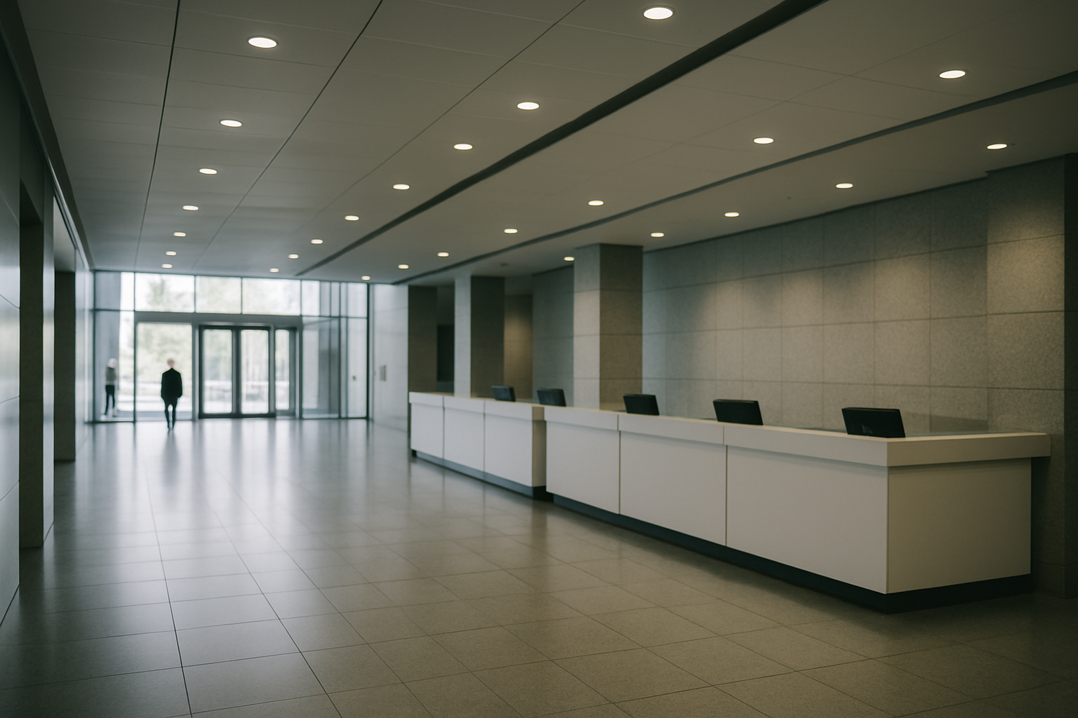 empty office building lobby with darkened overhead lights and a row of vacant reception desks, shot from a wide-angle perspective showing architectural detail