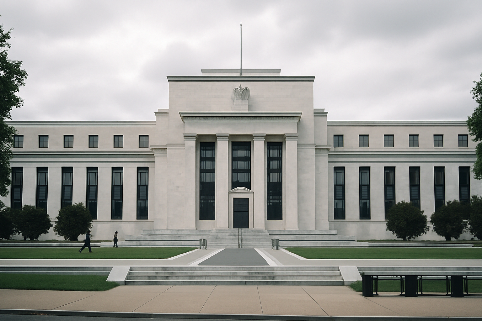 exterior view of the Marriner S. Eccles Federal Reserve Building in Washington D.C. on a overcast morning, with the neoclassical stone facade as the focal point