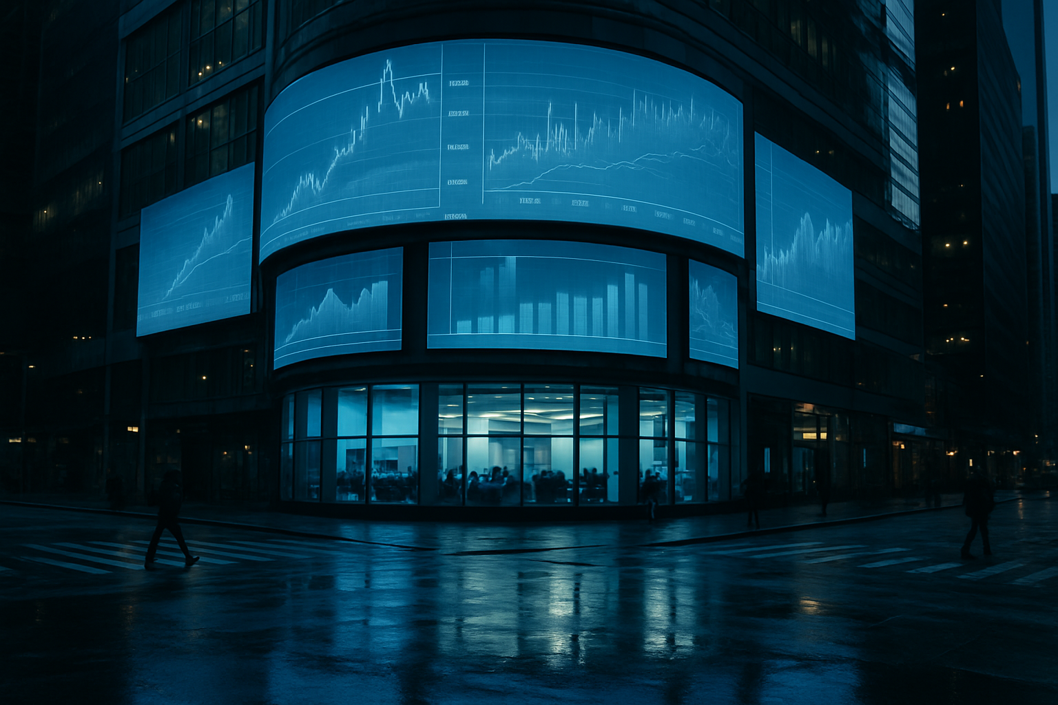 wide-angle view of the Nasdaq MarketSite exterior in Times Square at dusk, illuminated display panels reflecting off wet pavement