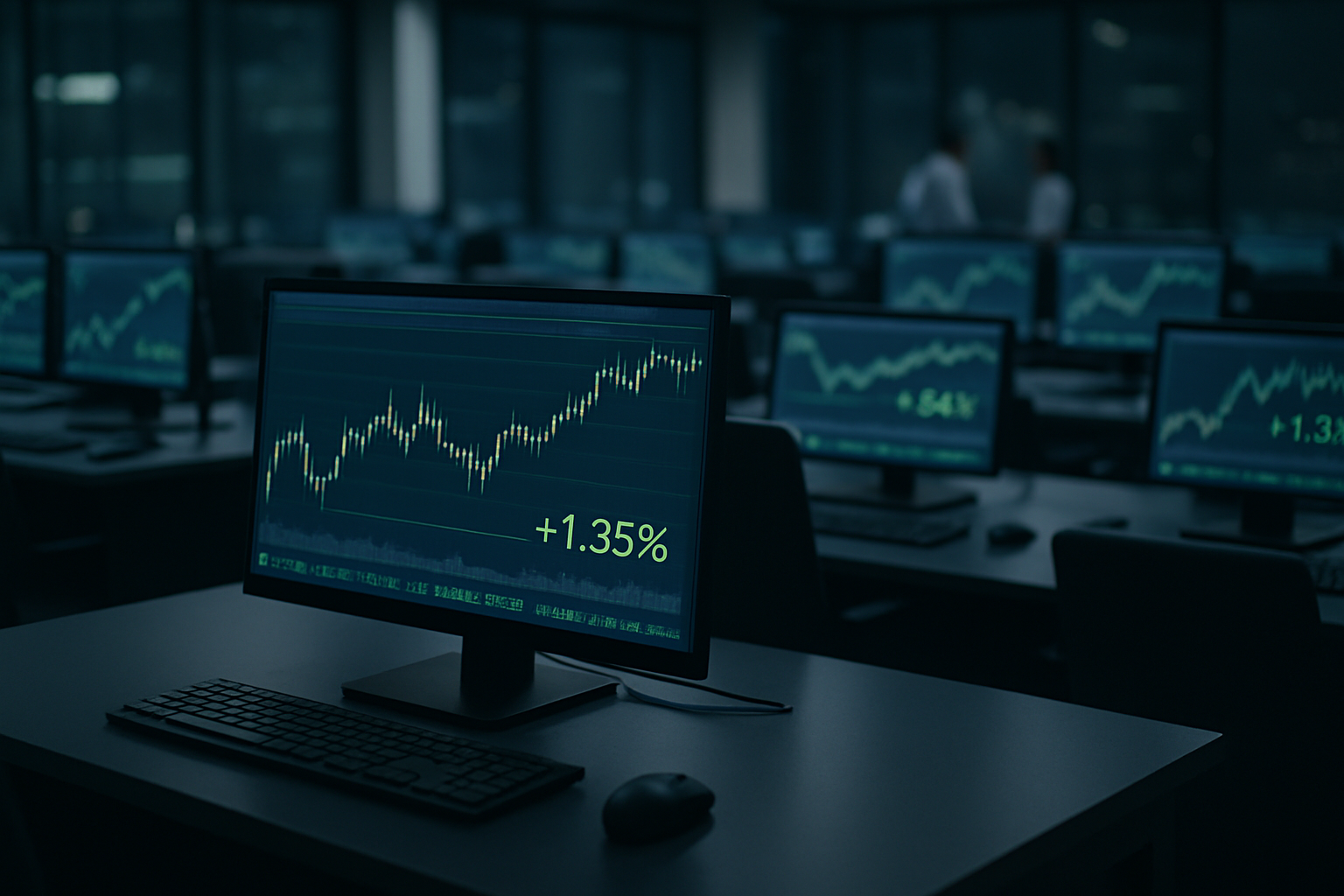 rows of illuminated trading terminals displaying index charts and green percentage figures in an empty overnight trading floor