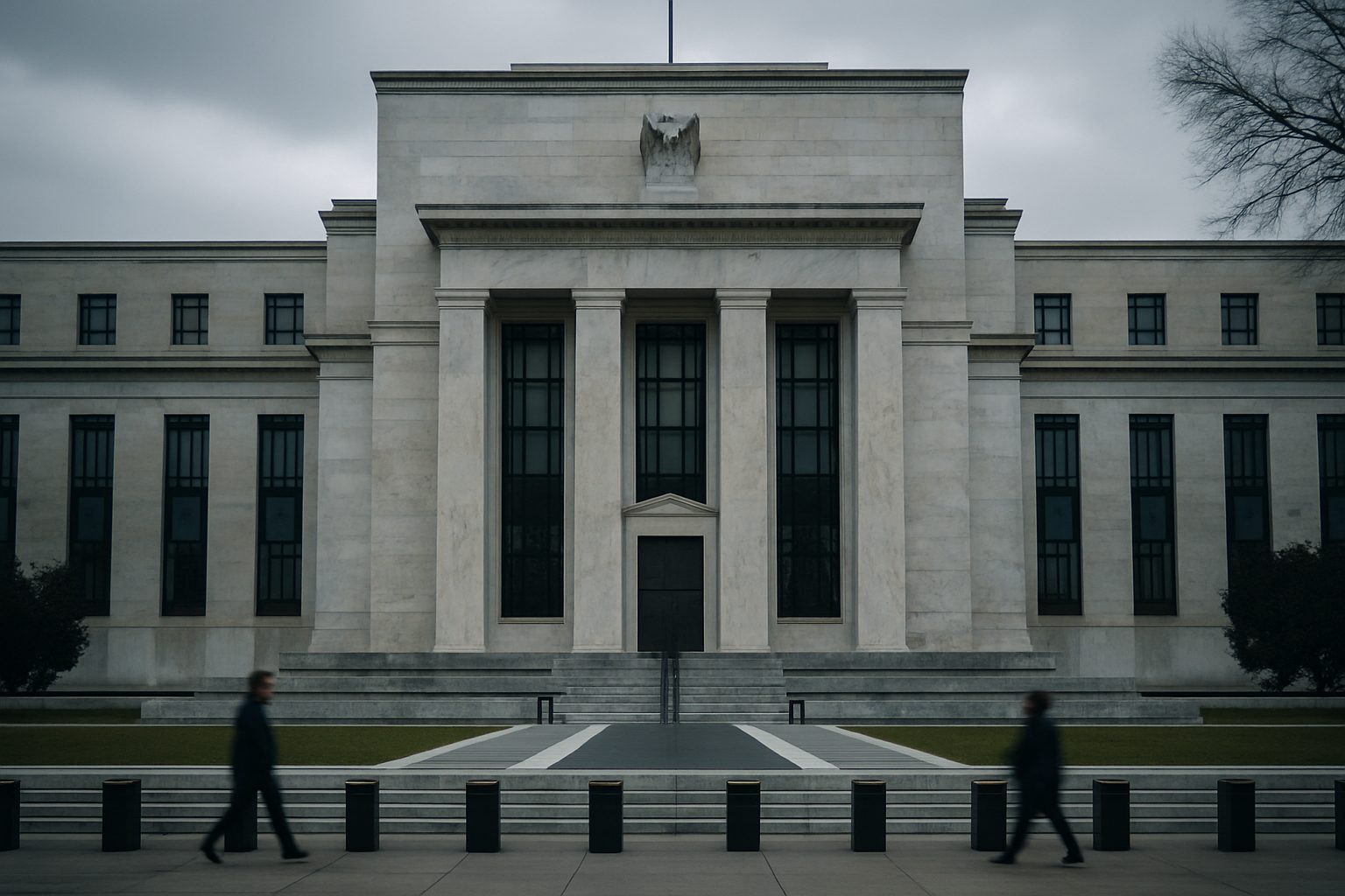 the exterior of the Marriner S. Eccles Federal Reserve Building in Washington D.C. on an overcast morning, stone facade and columns visible