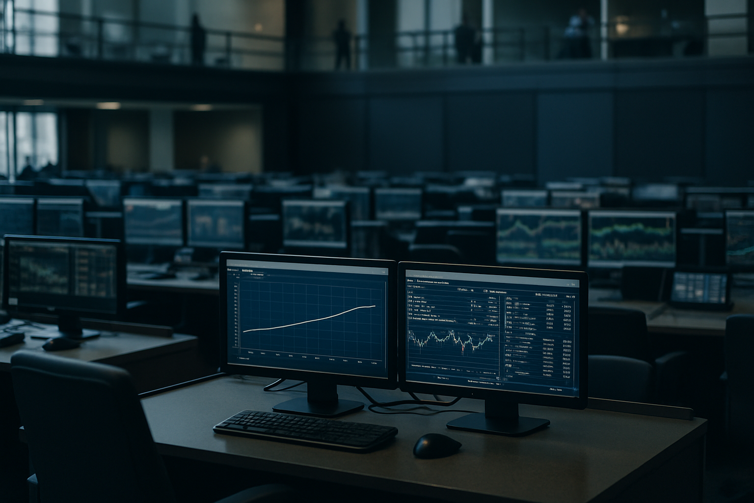 rows of trading terminals inside an empty exchange floor after hours, screens displaying flat yield curve data and bond market indicators