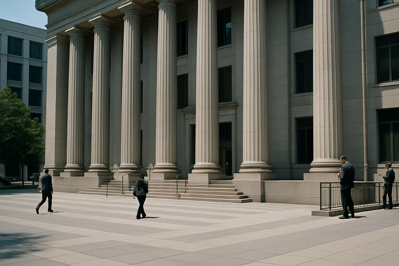 exterior of a federal financial regulatory office building in Washington D.C., with stone columns and a wide entrance plaza at midday