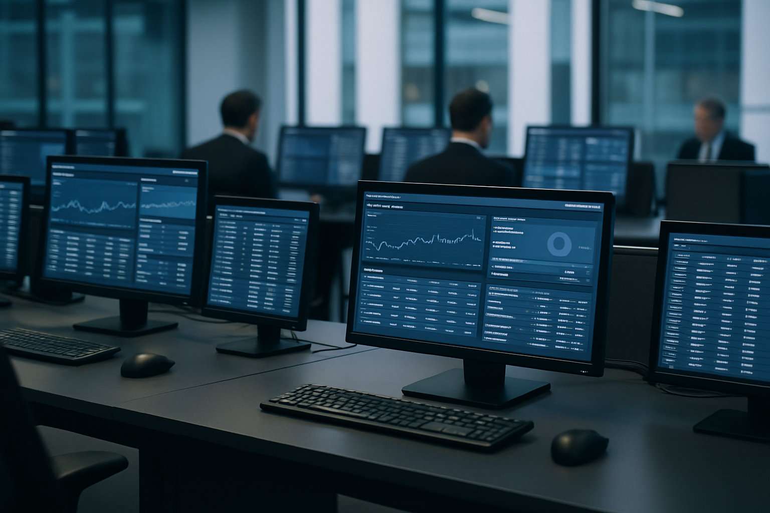 rows of desktop computer terminals inside a modern fintech operations centre, screens displaying transaction dashboards and account data