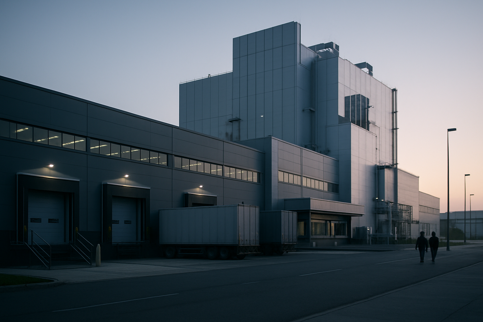 exterior of a large semiconductor fabrication equipment manufacturing facility at dawn, with industrial loading docks and clean room structures visible
