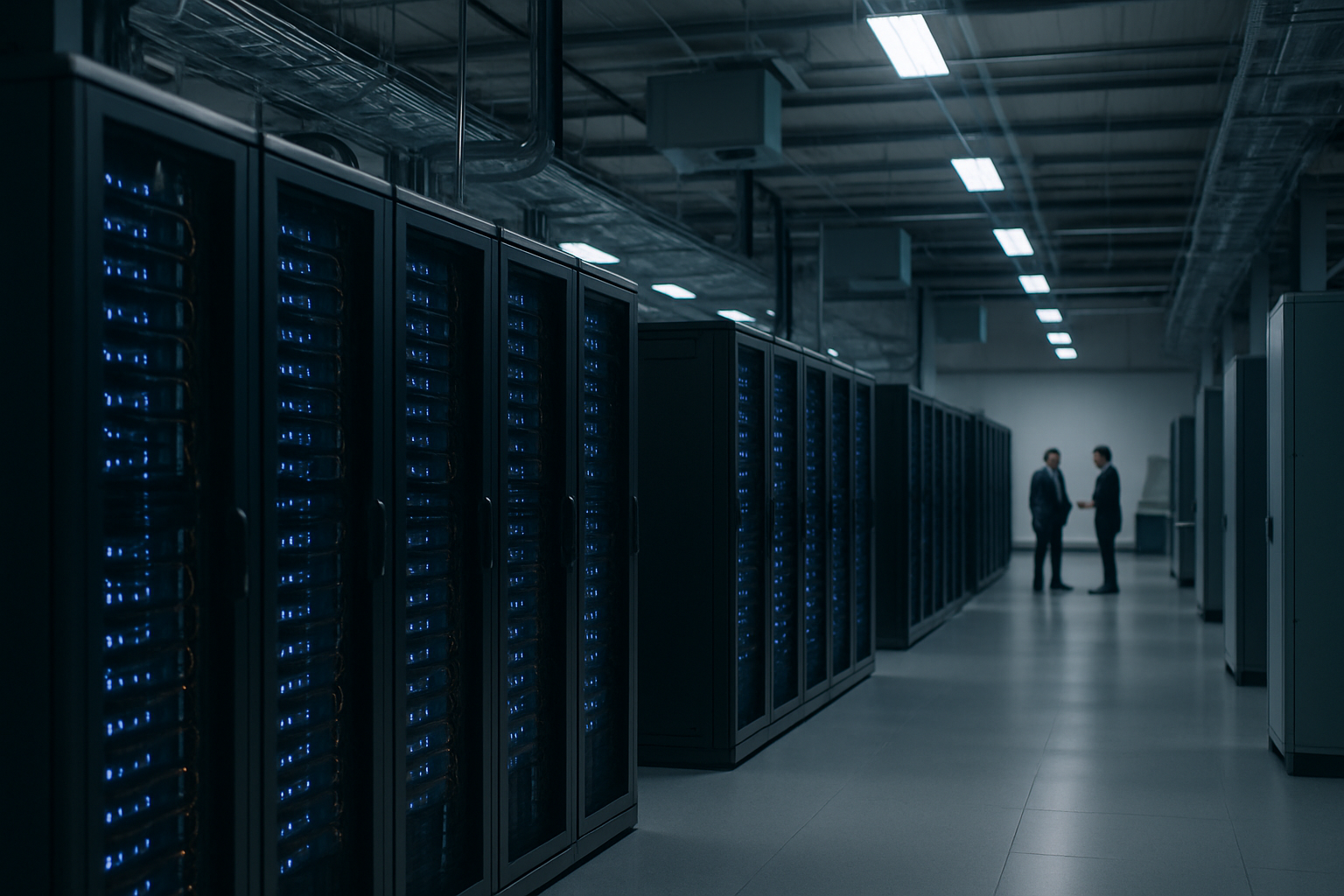 rows of illuminated server rack towers inside a large data center facility, with cable management systems and cooling units in the background