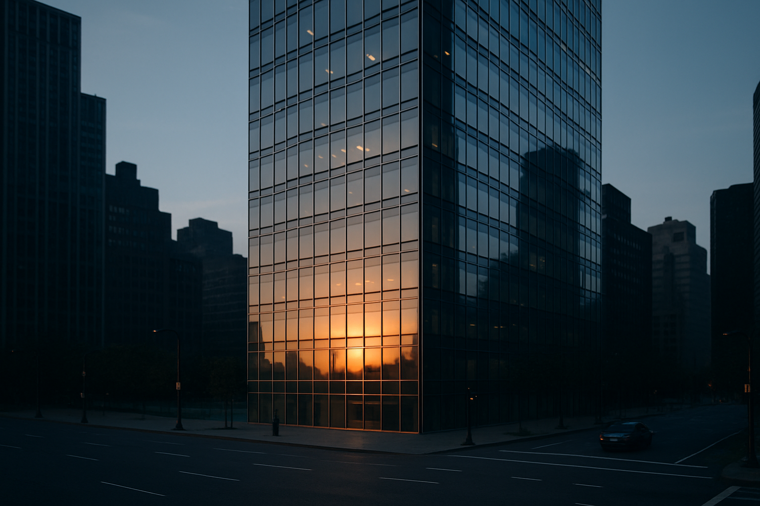 exterior of a modern glass office building in lower Manhattan at early morning light, with no visible signage, reflecting the sunrise across its facade